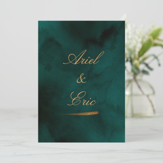 Emerald Green Marble & Gold Eucalyptus Weddenschap Kaart (Staand voorkant)