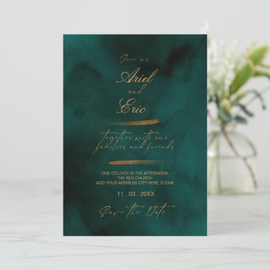 Emerald Green Marble & Gold Eucalyptus Weddenschap Save The Date (Staand voorkant)