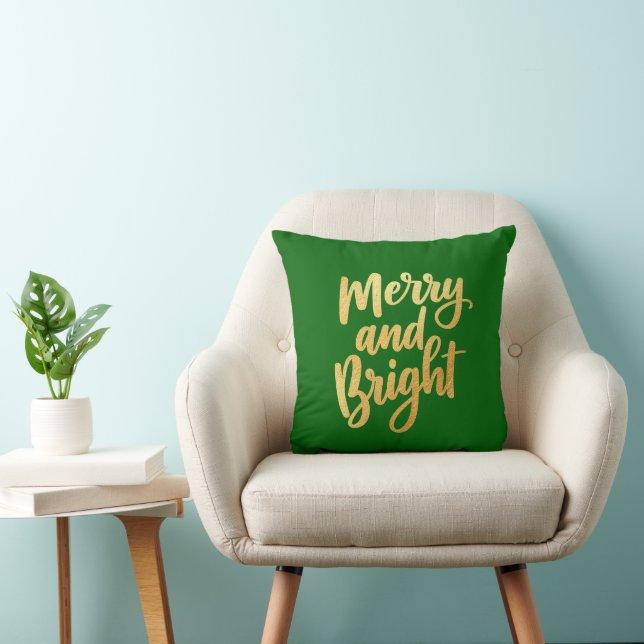Emerald Green Merry and Bright - Gold Script Decor Kussen (Stoel)