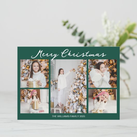 Emerald Green Merry Christmas Photo Collage Feestdagenkaart (Staand voorkant)