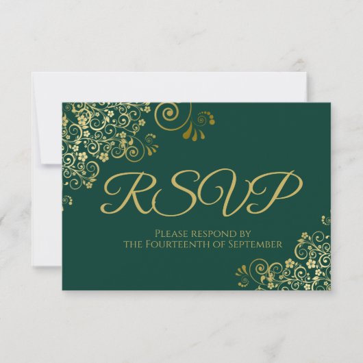 Emerald Green met Elegant Gold Lace Wedding RSVP Kaartje (Voorkant)