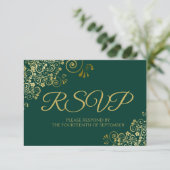 Emerald Green met Elegant Gold Lace Wedding RSVP Kaartje (Staand voorkant)