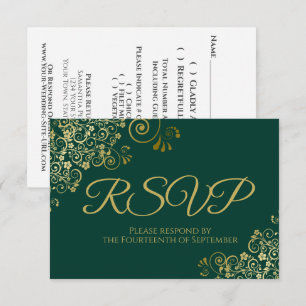 Emerald Green met Elegant Gold Lace Wedding RSVP Kaartje