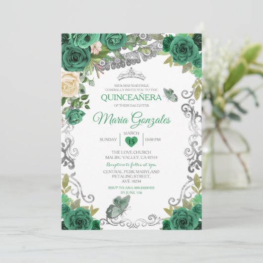 Emerald Green Mexican Charra Mis Quince Butterfly Kaart (Staand voorkant)