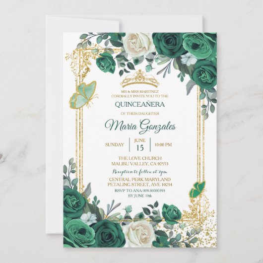 Emerald Green Mexican Charra Mis Quince Invitation Kaart (Voorkant)