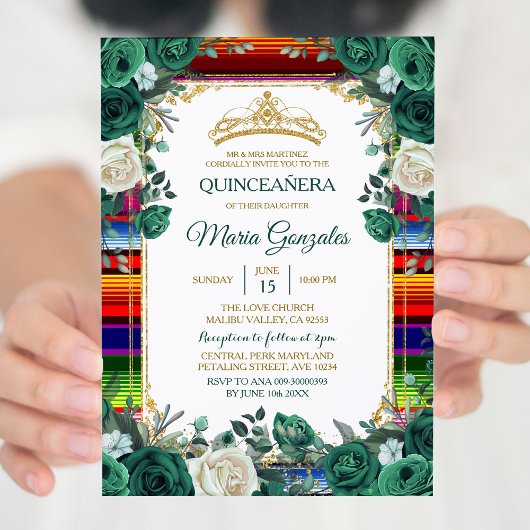 Emerald Green Mexican Charra Mis Quince Invitation Kaart