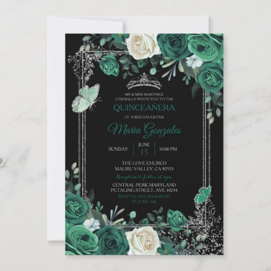 Emerald Green Mexican Charra Quinceanera Black Kaart (Voorkant)