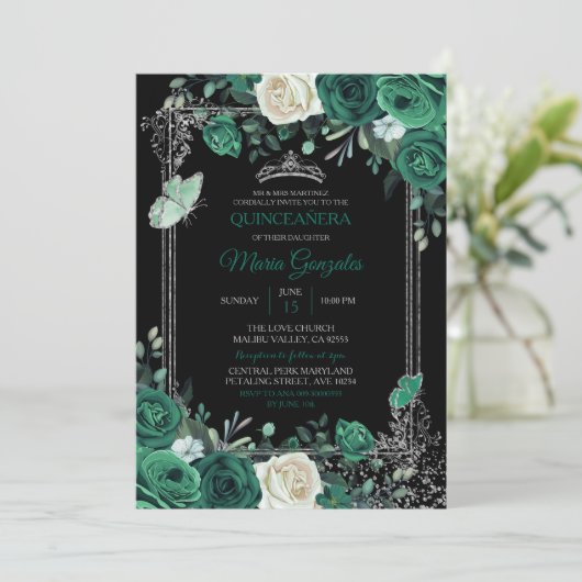 Emerald Green Mexican Charra Quinceanera Black Kaart (Staand voorkant)