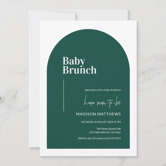 Emerald Green Minimal Arch Baby Brunch Baby shower Kaart (Voorkant)