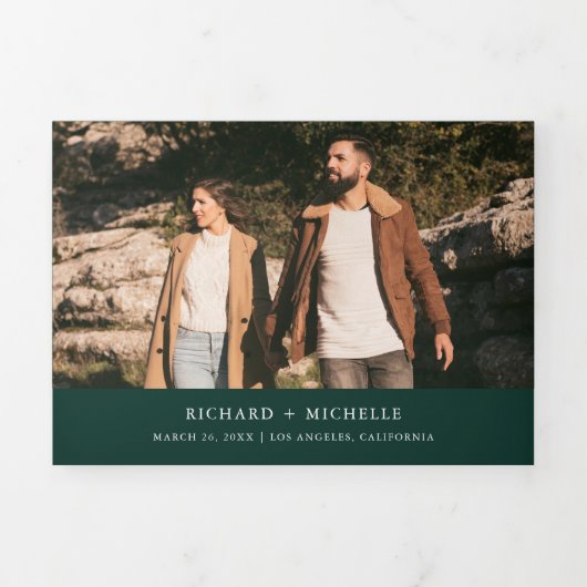 Emerald Green Minimal Arch Photo QR code Wedding Drieluik Uitnodiging (Cover)