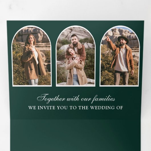 Emerald Green Minimal Arch Photo QR code Wedding Drieluik Uitnodiging (Binnenzijde eerst)