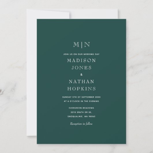 Emerald Green Minimal Monogram bruiloft Kaart (Voorkant)