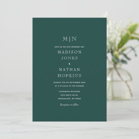 Emerald Green Minimal Monogram bruiloft Kaart (Staand voorkant)