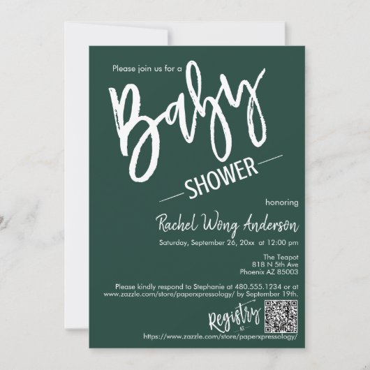 Emerald Green Minimal Script Baby shower QR-code Kaart (Voorkant)