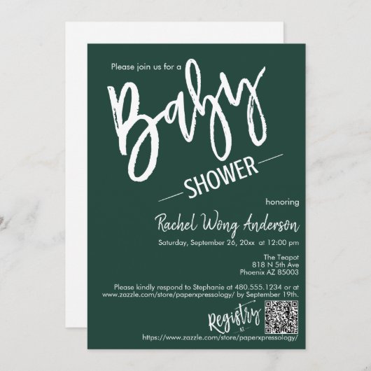 Emerald Green Minimal Script Baby shower QR-code Kaart (Voorkant / Achterkant)
