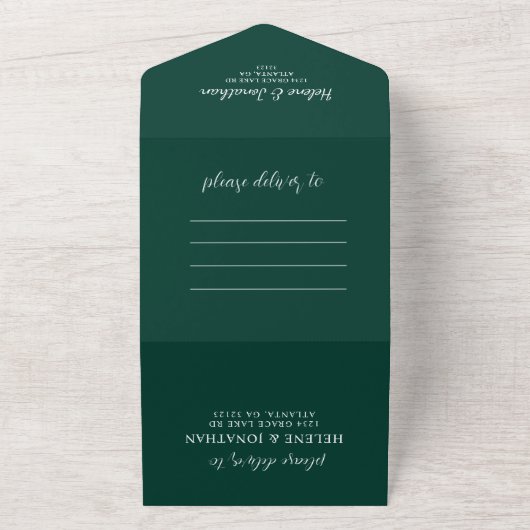 Emerald Green Minimal Wedding All In One Uitnodiging (Buitenkant)