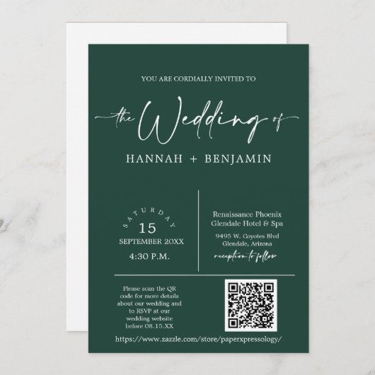 Emerald Green Minimal Wedding Arch QR Code Foto Kaart (Voorkant / Achterkant)