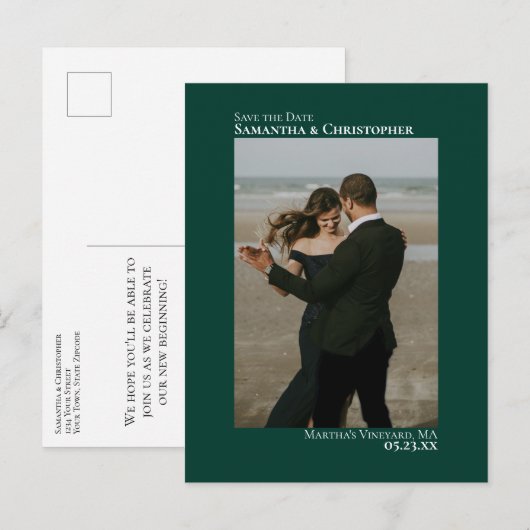Emerald Green Minimal Wedding Photo Save the Date Aankondigingskaart (Voorkant / Achterkant)