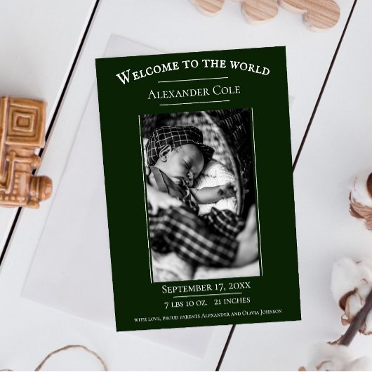 Emerald Green Minimalist Foto Birth Announement Aankondiging