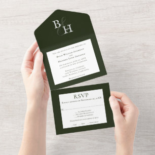 Emerald Green Minimalist Monogram bruiloft All In One Uitnodiging
