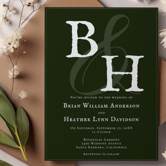 Emerald Green Minimalist Monogram bruiloft Kaart