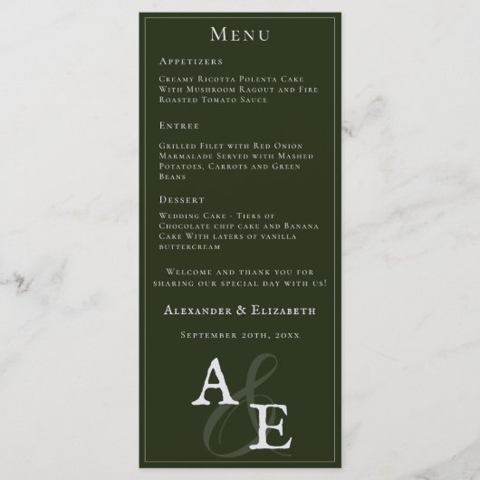 Emerald Green Minimalist Monogram bruiloft Menu (Voorkant)