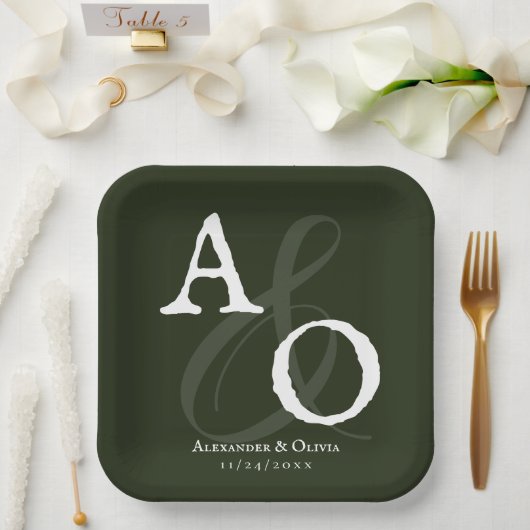 Emerald Green Minimalist Monogram bruiloft Papieren Bordje (Huwelijk)