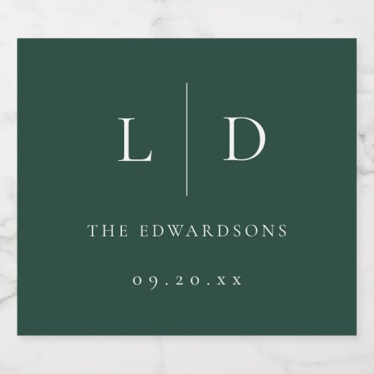 Emerald Green Minimalist Monogram bruiloft Sparkling Wijnetiket (Enkel label)