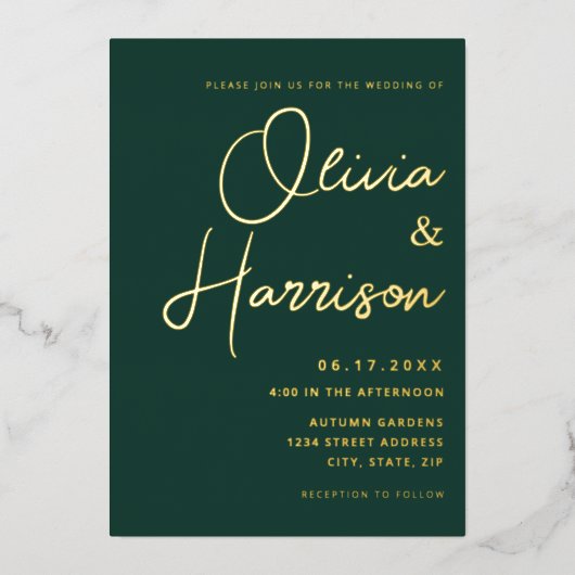 Emerald Green Minimalist Script Modern Wedding Folie Uitnodiging (Voorkant)