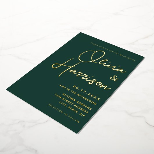 Emerald Green Minimalist Script Modern Wedding Folie Uitnodiging (Gedraaid)