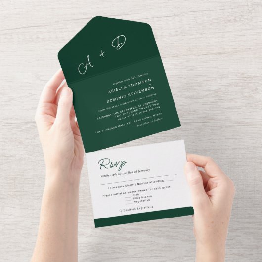 Emerald Green Minimalistic Wedding All In One Uitnodiging (Afscheurbaar)