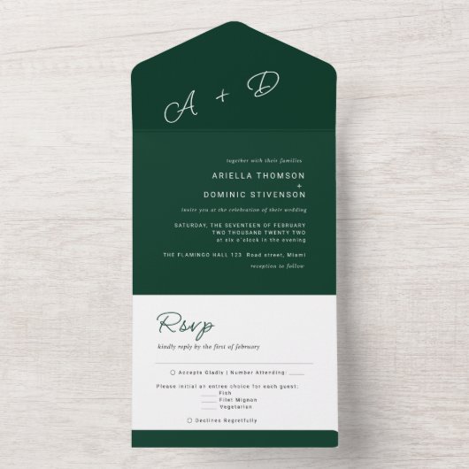 Emerald Green Minimalistic Wedding All In One Uitnodiging (Binnen)
