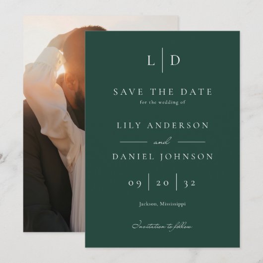 Emerald Green Minimalistische Monogram Fotobruilof Save The Date (Voorkant / Achterkant)
