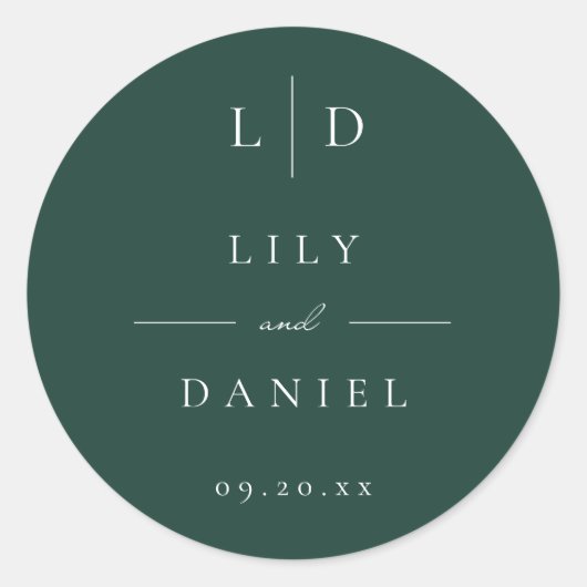 Emerald Green Minimalistische Monogram Wedding Fav Ronde Sticker (Voorkant)