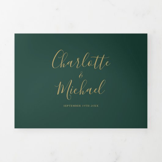 Emerald Green Modern Gold Script Monogram Weddensc Drieluik Uitnodiging (Cover)