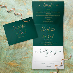 Emerald Green Modern Gold Script Photo Wedding Drieluik Uitnodiging