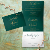 Emerald Green Modern Gold Script Photo Wedding Drieluik Uitnodiging