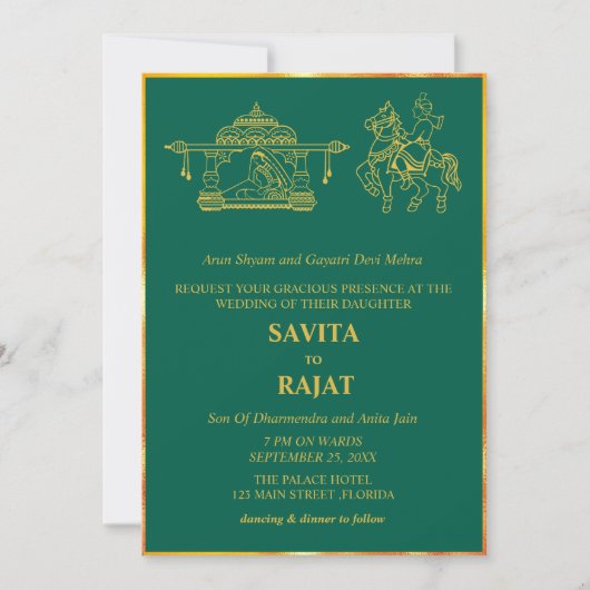 Emerald Green Modern Indian Wedding Kaart (Voorkant)