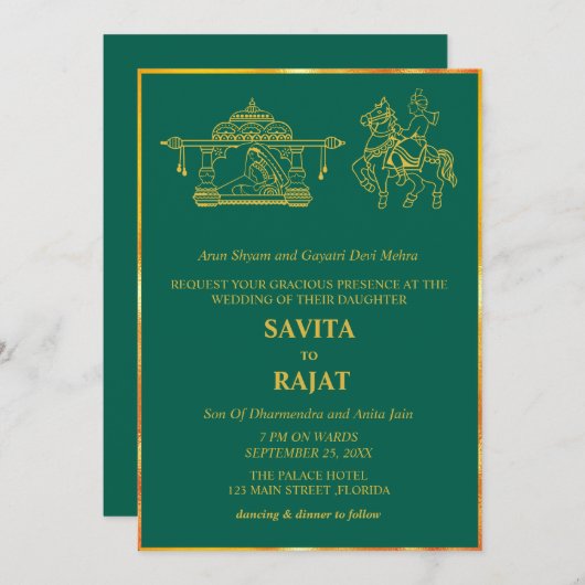 Emerald Green Modern Indian Wedding Kaart (Voorkant / Achterkant)