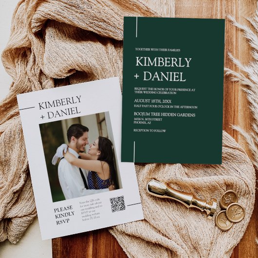 Emerald Green Modern Minimal Wedding QR Code Foto Kaart