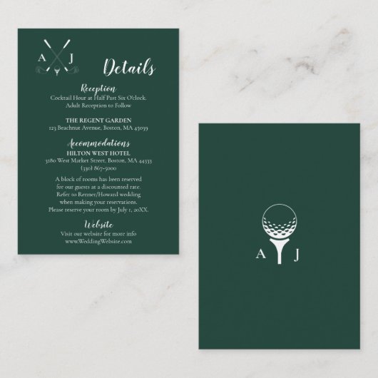 Emerald Green Modern Minimalist Golf Wedding Informatiekaartje (Voorkant / Achterkant)