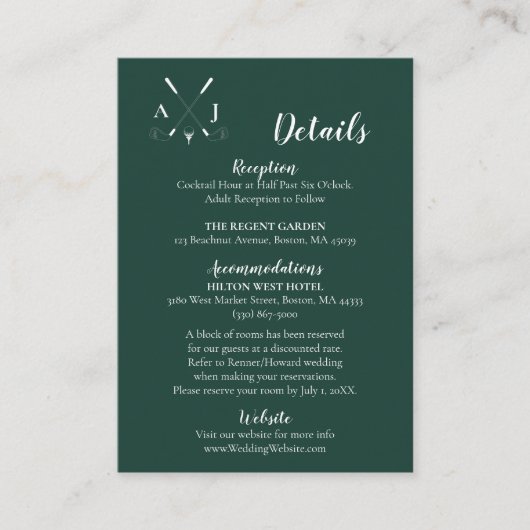 Emerald Green Modern Minimalist Golf Wedding Informatiekaartje (Voorkant)