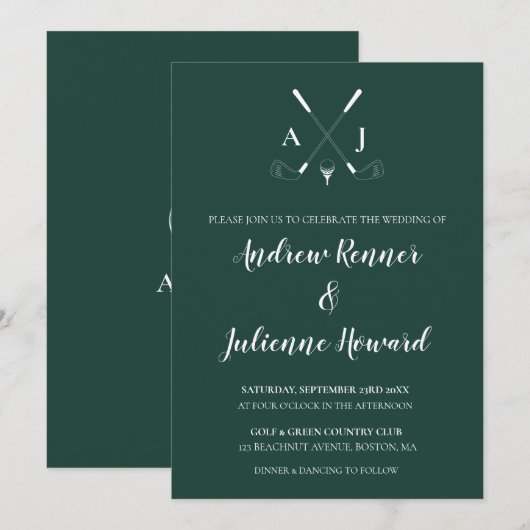 Emerald Green Modern Minimalist Golf Wedding Invit Kaart (Voorkant / Achterkant)