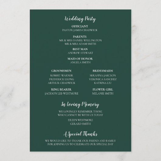 Emerald Green Modern Minimalist Golf Wedding Programmakaart (Achterkant)