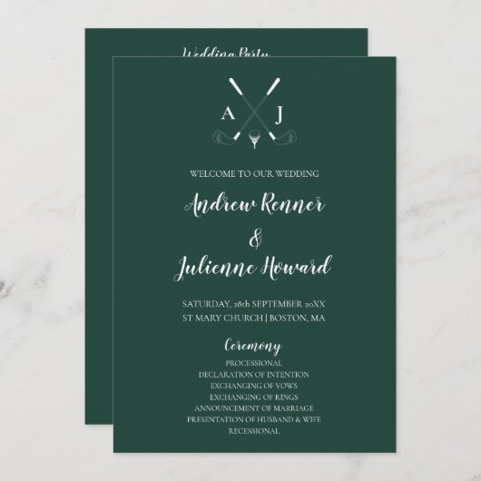 Emerald Green Modern Minimalist Golf Wedding Programmakaart (Voorkant / Achterkant)