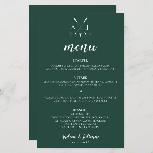 Emerald Green Modern Monogram Golf Wedding (Voorkant / Achterkant)