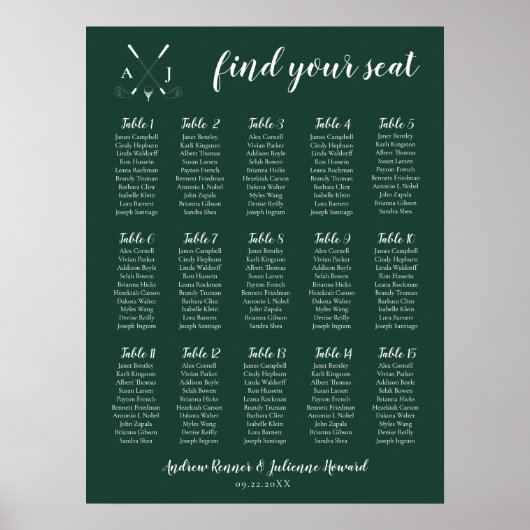 Emerald Green Modern Monogram Golf Wedding Poster (Voorkant)