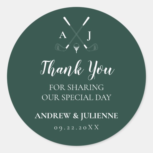 Emerald Green Modern Monogram Golf Wedding Ronde Sticker (Voorkant)