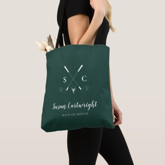 Emerald Green Modern Monogram Golf Wedding Tote Bag (Dichtbij)