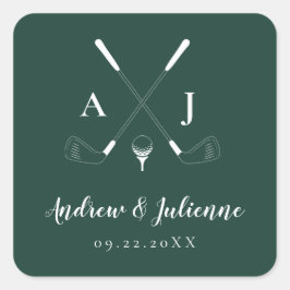 Emerald Green Modern Monogram Golf Wedding Vierkante Sticker